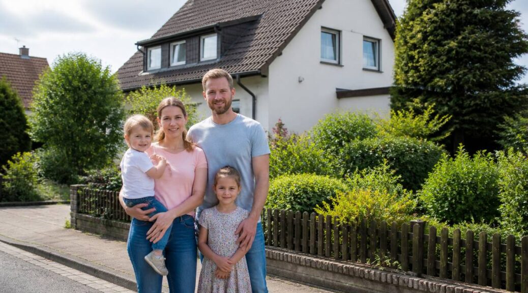 Gezin bekijkt een huis met tuin in een rustige woonwijk in Duitsland