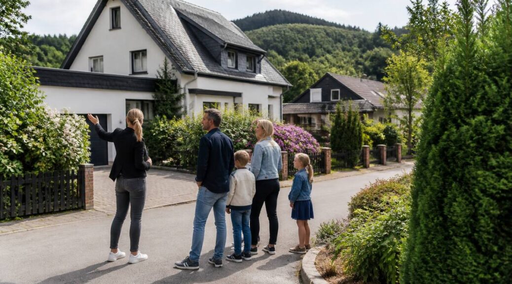 Gezin bekijkt een woning over de grens tijdens een bezichtiging