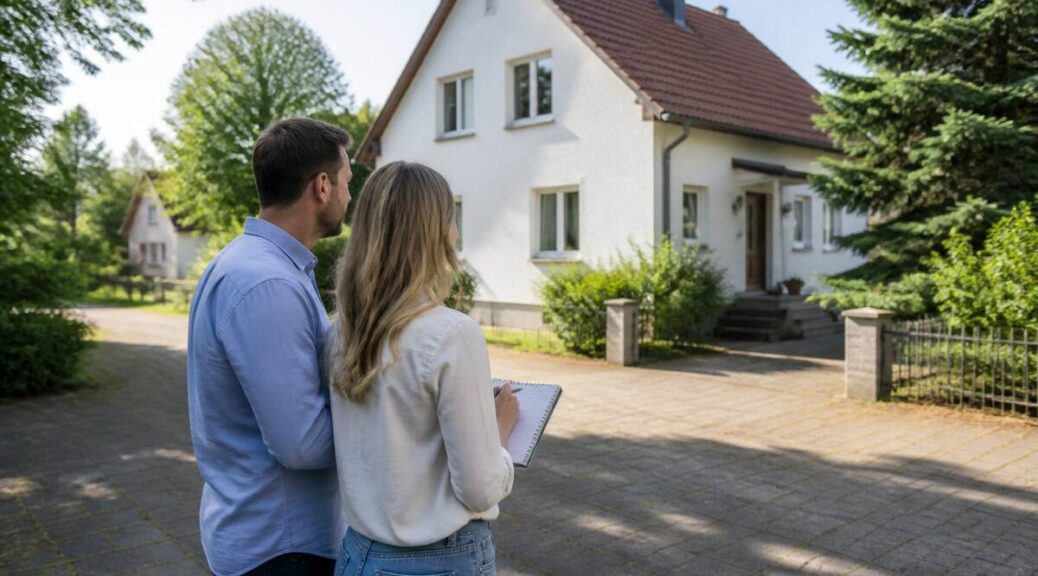 Stel bekijkt een woning in Duitsland tijdens een bezichtiging