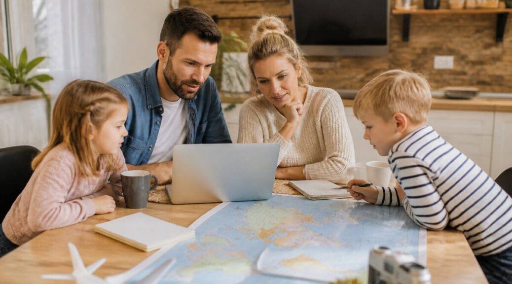 Gezin vergelijkt vakanties aan tafel met laptop en kaart