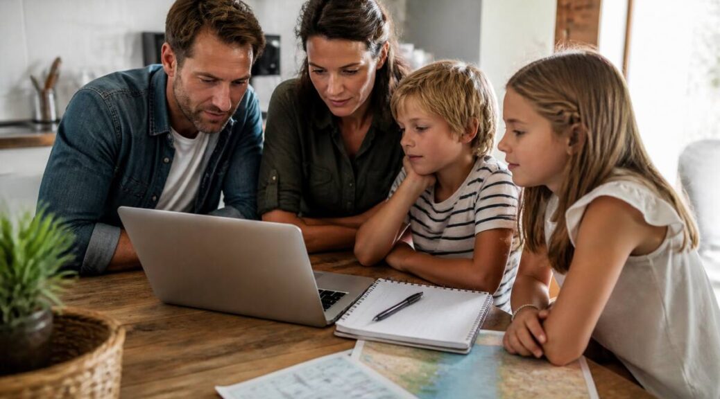 Gezin dat vakanties vergelijkt op een laptop met een notitieboekje