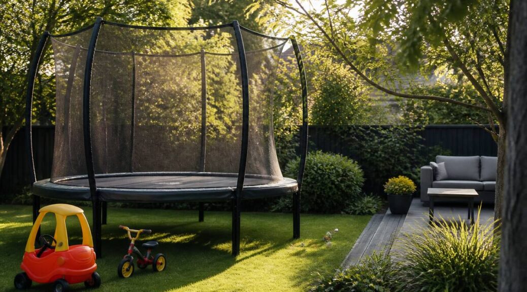 Trampoline met veiligheidsnet in een verzorgde achtertuin