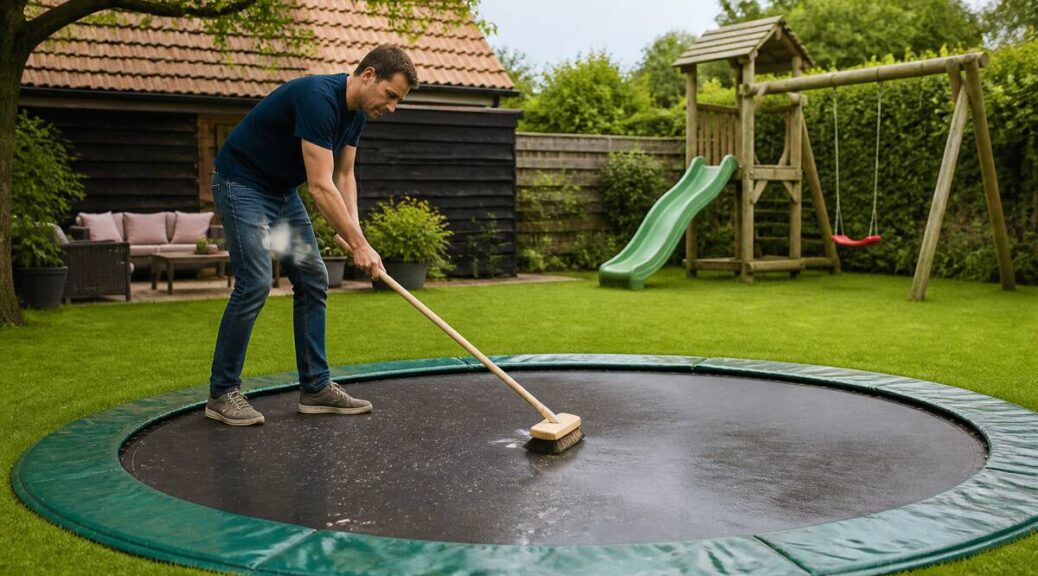 Trampoline in de tuin wordt schoongemaakt met een zachte borstel