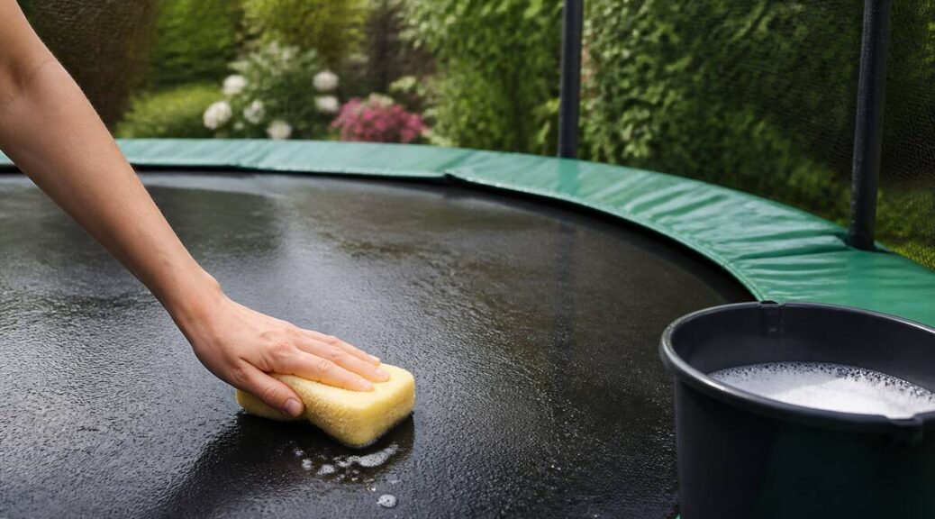 Trampoline schoonmaken met een spons in de tuin