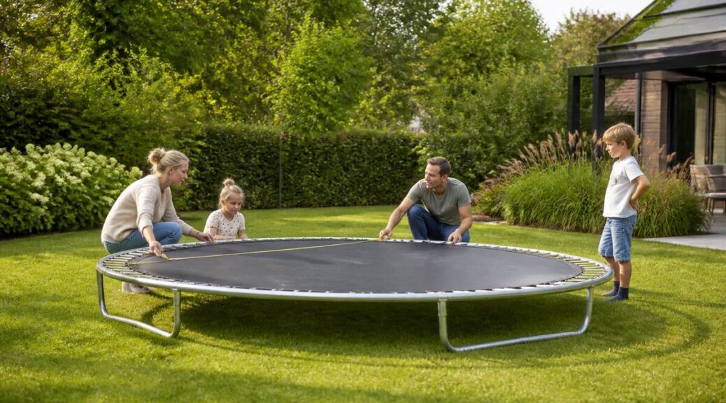Gezin meet ruimte op voor het kopen van een trampoline in de tuin