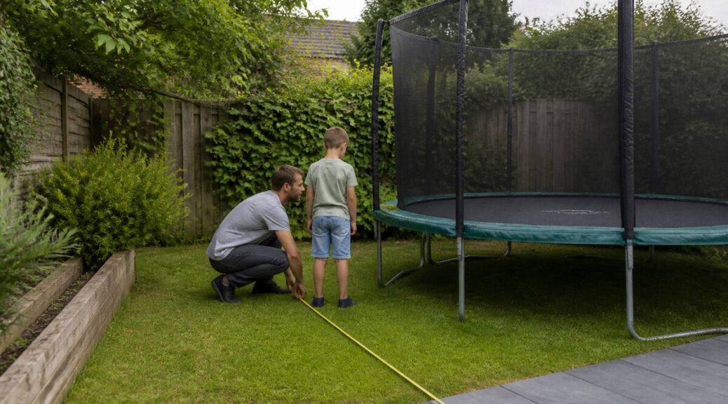 Ouder en kind meten de ruimte in de tuin voor het kiezen van de juiste trampoline maat