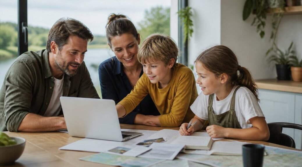 Gezin dat aan een keukentafel vakantieopties vergelijkt op laptop met notities