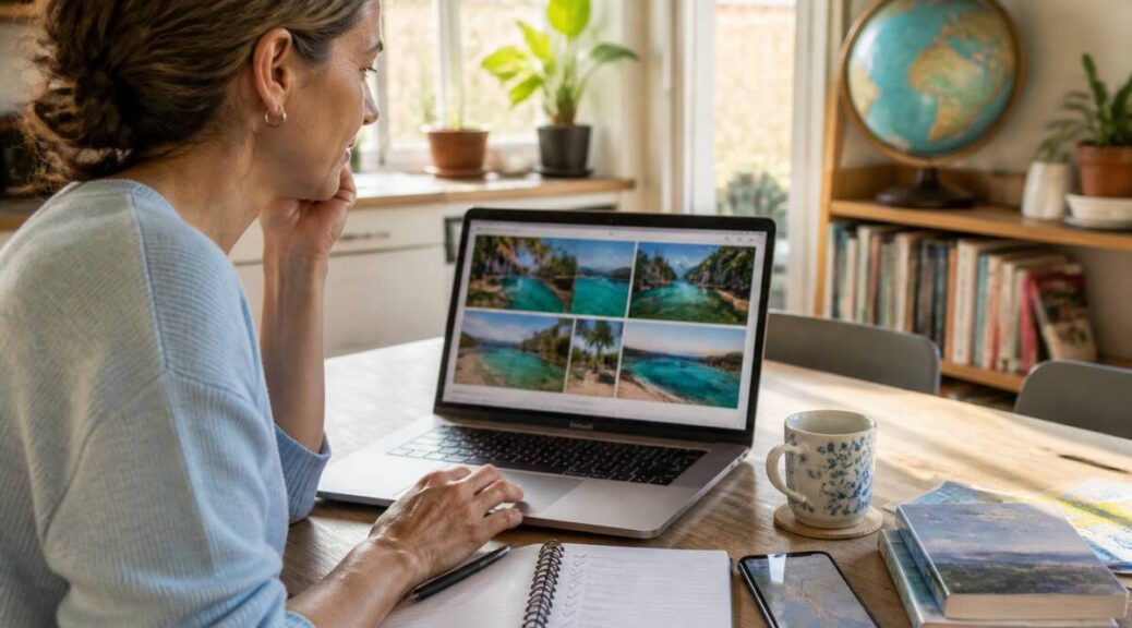 Een checklist op papier naast een laptop waarop vakantieopties worden vergeleken
