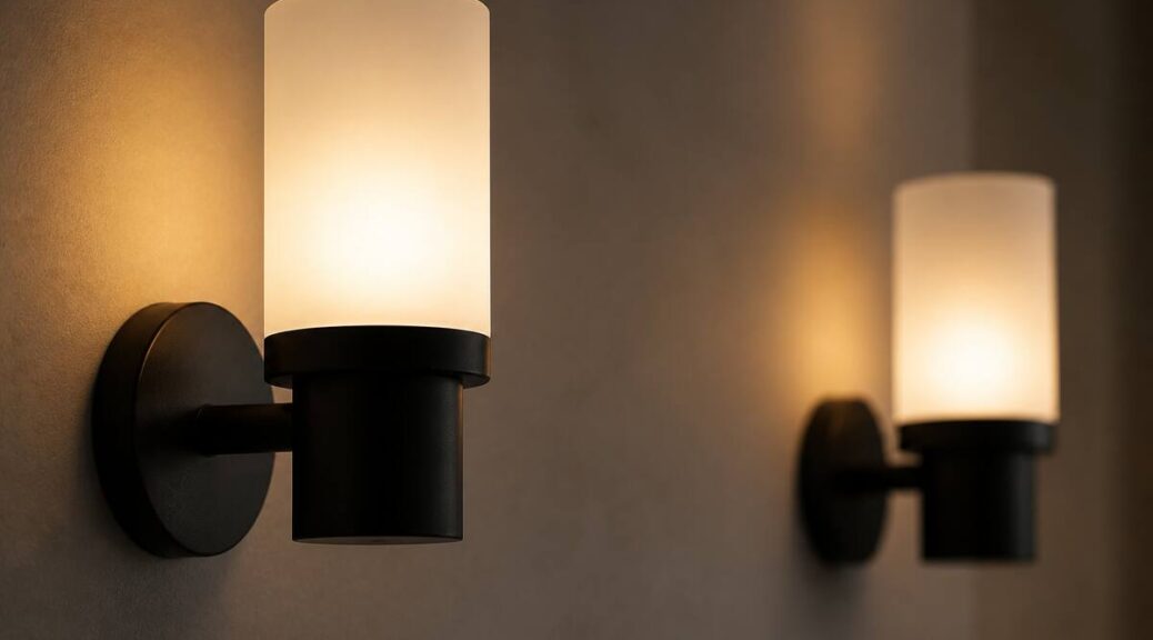 Twee moderne wandlampen op een neutrale muur met warm en sfeervol licht