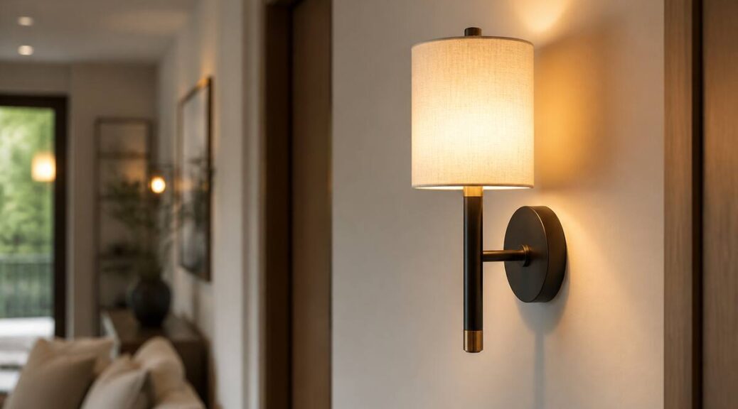 Realistische interieurfoto met een moderne wandlamp die warm indirect licht geeft op een muur