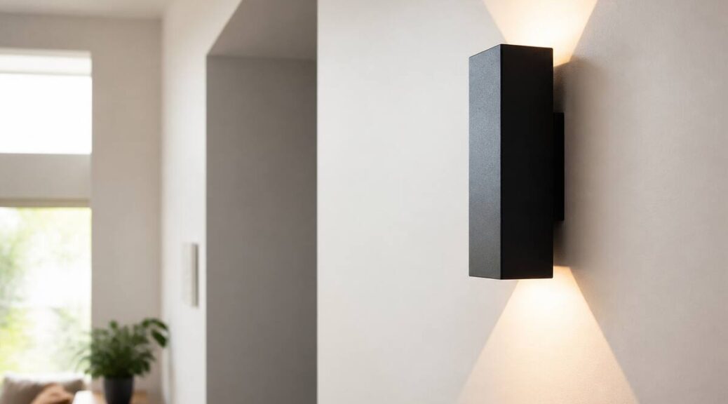 Wandlamp netjes gemonteerd op een lichte muur met warm licht in een woonruimte